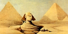 Dibujo de la Esfinge con las pirámides al fondo